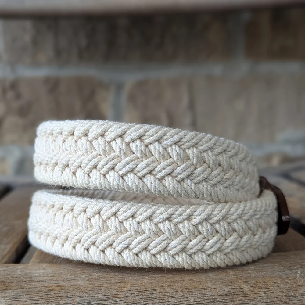 VTG 80s Eddie Bauer Woven Braided Rope Belt Medium Leather Brass Nautical
